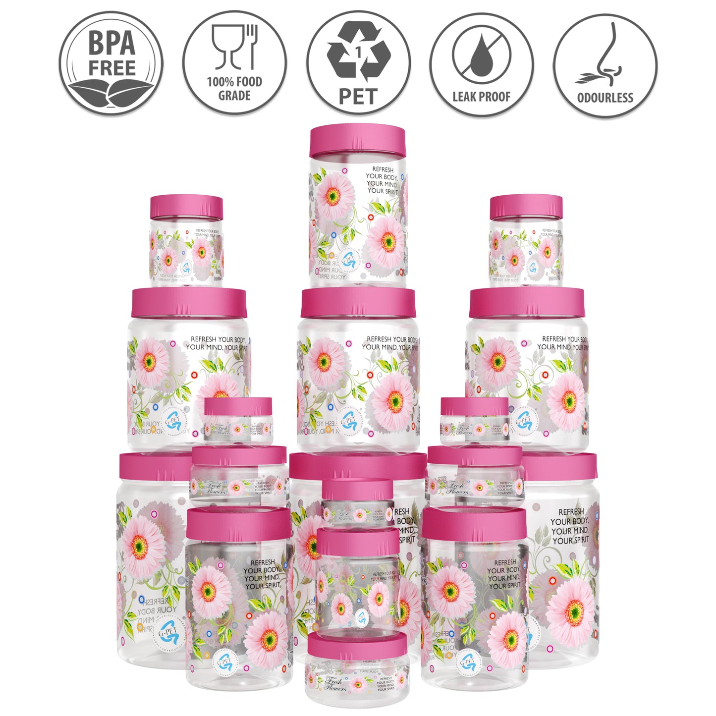 Print Magic Container Pink Pack of 18 - 2000ml (3 pcs), 1000ml (3 pcs), 750ml (3 pcs), 200ml (3 pcs), 150ml (3 pcs), 50ml (3 pcs)